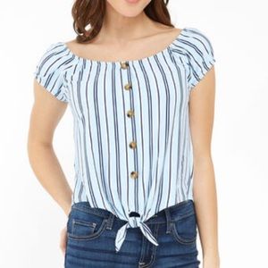 No Comment Blue & White Striped Knot Off the Shoulder Top. Sz. L